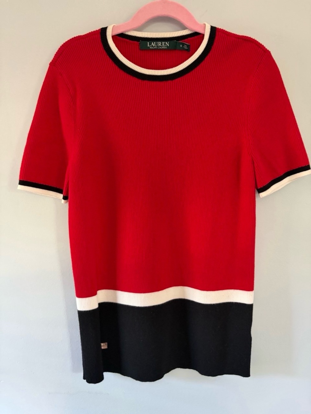 Lauren Ralph Lauren Red Short-Sleeve Colorblock Crewneck Sweater